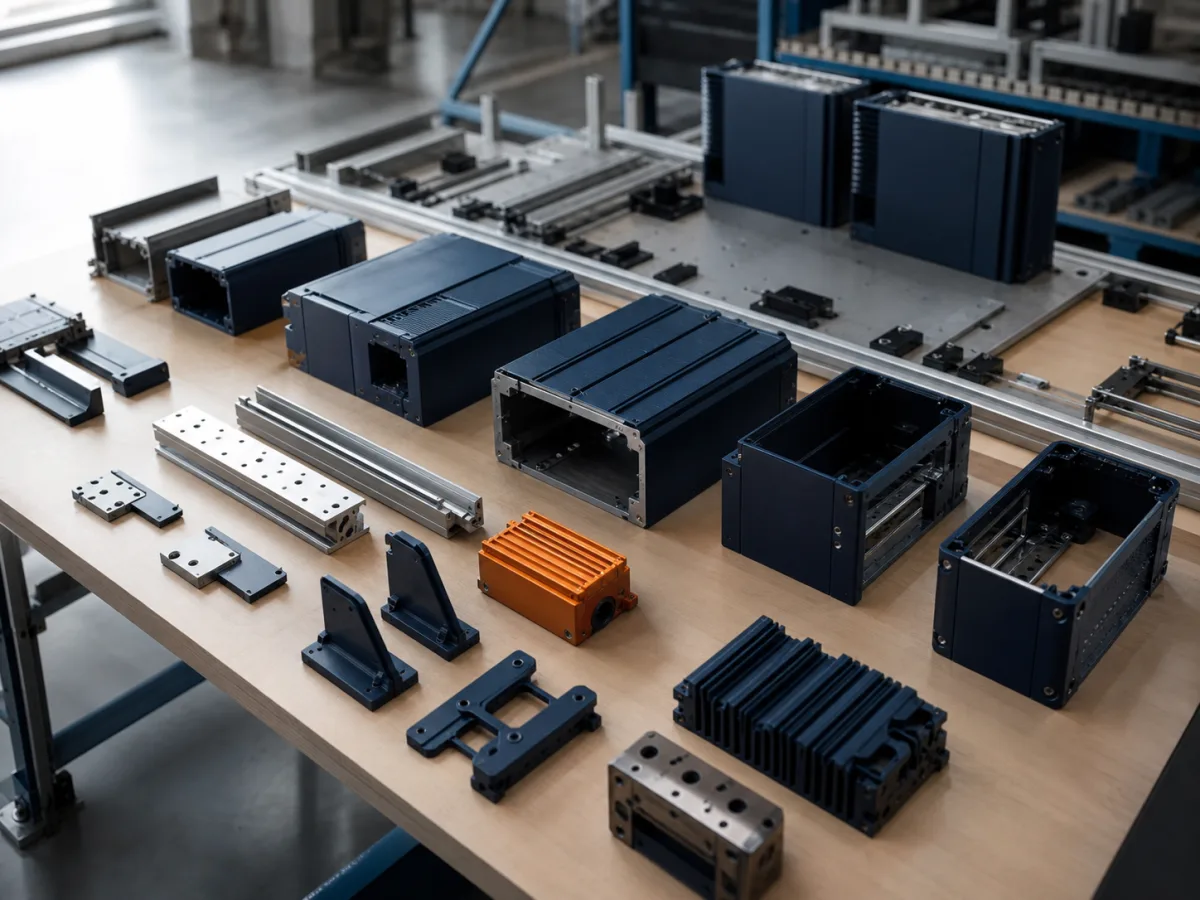 Modules and components of a configurable industrial product on an assembly bench